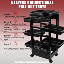 5-Tier Black Salon Hairdressing Rolling Cart with Wheels – Mobile Storage Trolley for Cosmetology, Makeup, Nail Supplies