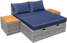 Patio Day Bed Outdoor Daybed Set Multifunctional Rattan Lounge Bed with 2 Side Tables for Backyard Porch Poolside Lawn Beach (N