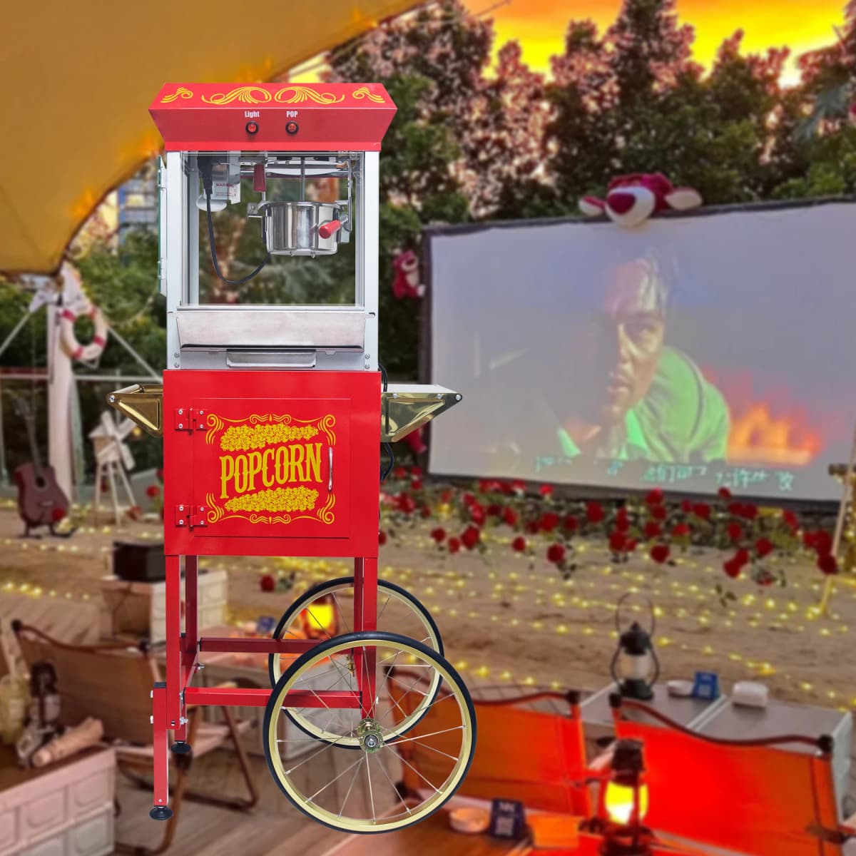 Popcorn Machine with Cart, 8Oz Stainless Steel Kettle, 650W Theater-Style Popper with Heated Warming Deck for Home Theater