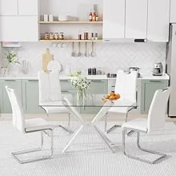 Modern Rectangular Glass Dining Table Set for 4, 47" Clear Tempered Glass Kitchen Table with Silver Metal Legs & 4 Black PU Faux
