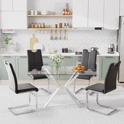 Modern Rectangular Glass Dining Table Set for 4, 47" Clear Tempered Glass Kitchen Table with Silver Metal Legs & 4 Black PU Faux