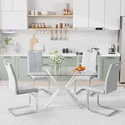 Modern Rectangular Glass Dining Table Set for 4, 47" Clear Tempered Glass Kitchen Table with Silver Metal Legs & 4 Black PU Faux
