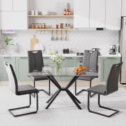 Modern Rectangular Glass Dining Table Set for 4, 47" Clear Tempered Glass Kitchen Table with Silver Metal Legs & 4 Black PU Faux