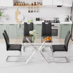 Modern Rectangular Glass Dining Table Set for 4, 47" Clear Tempered Glass Kitchen Table with Silver Metal Legs & 4 Black PU Faux