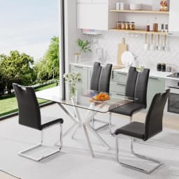 Modern Rectangular Glass Dining Table Set for 4, 47" Clear Tempered Glass Kitchen Table with Silver Metal Legs & 4 Black PU Faux
