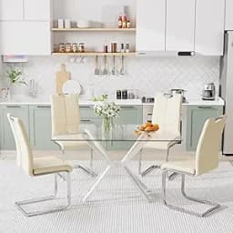 Modern Rectangular Glass Dining Table Set for 4, 47" Clear Tempered Glass Kitchen Table with Silver Metal Legs & 4 Black PU Faux