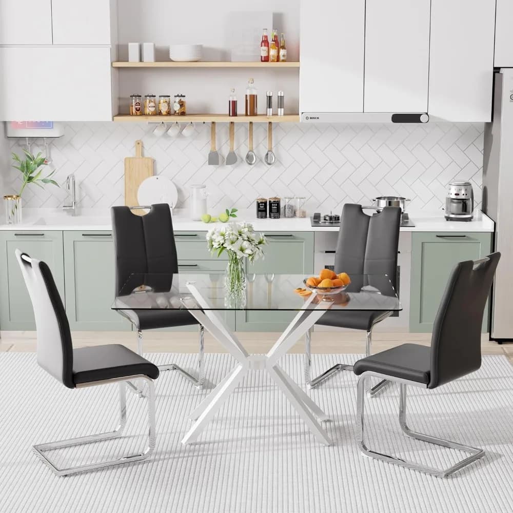 Modern Rectangular Glass Dining Table Set for 4, 47" Clear Tempered Glass Kitchen Table with Silver Metal Legs & 4 Black PU Faux