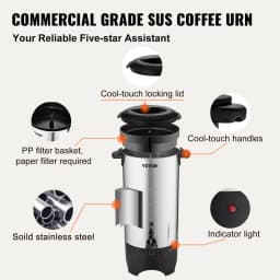 SucceBuy 50 Cups Commercial Coffee Urn Stainless Steel Large Coffee Dispenser 1000W Electric Coffee Maker Urn For Quick Brewing