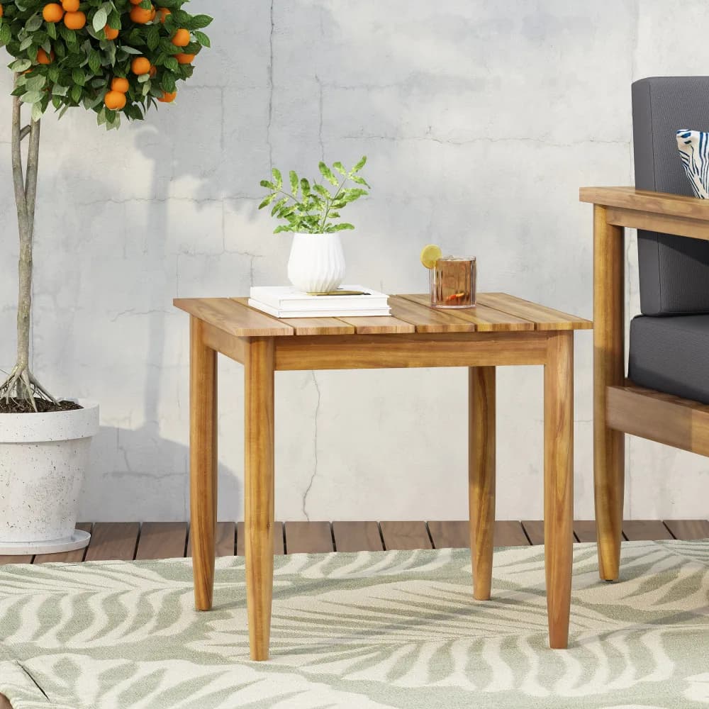 Rustic Acacia Wood Side Table with Slat Top, Weather Resistant Outdoor Accent End Table