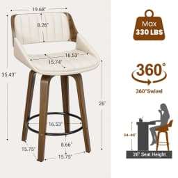 Set of 2 Mid-Century Modern 26 Inch Swivel Bar Stools, Counter Height Stools with Bentwood Back & Legs, Customized