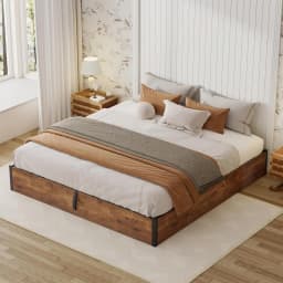 King Lift Up Storage Bed Frame Wooden Slats Platform Underneath Space No Box Spring Quiet Rustic Brown, Customized