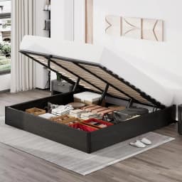 King Lift Up Storage Bed Frame Wooden Slats Platform Underneath Space No Box Spring Quiet Rustic Brown, Customized