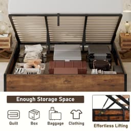 King Lift Up Storage Bed Frame Wooden Slats Platform Underneath Space No Box Spring Quiet Rustic Brown, Customized