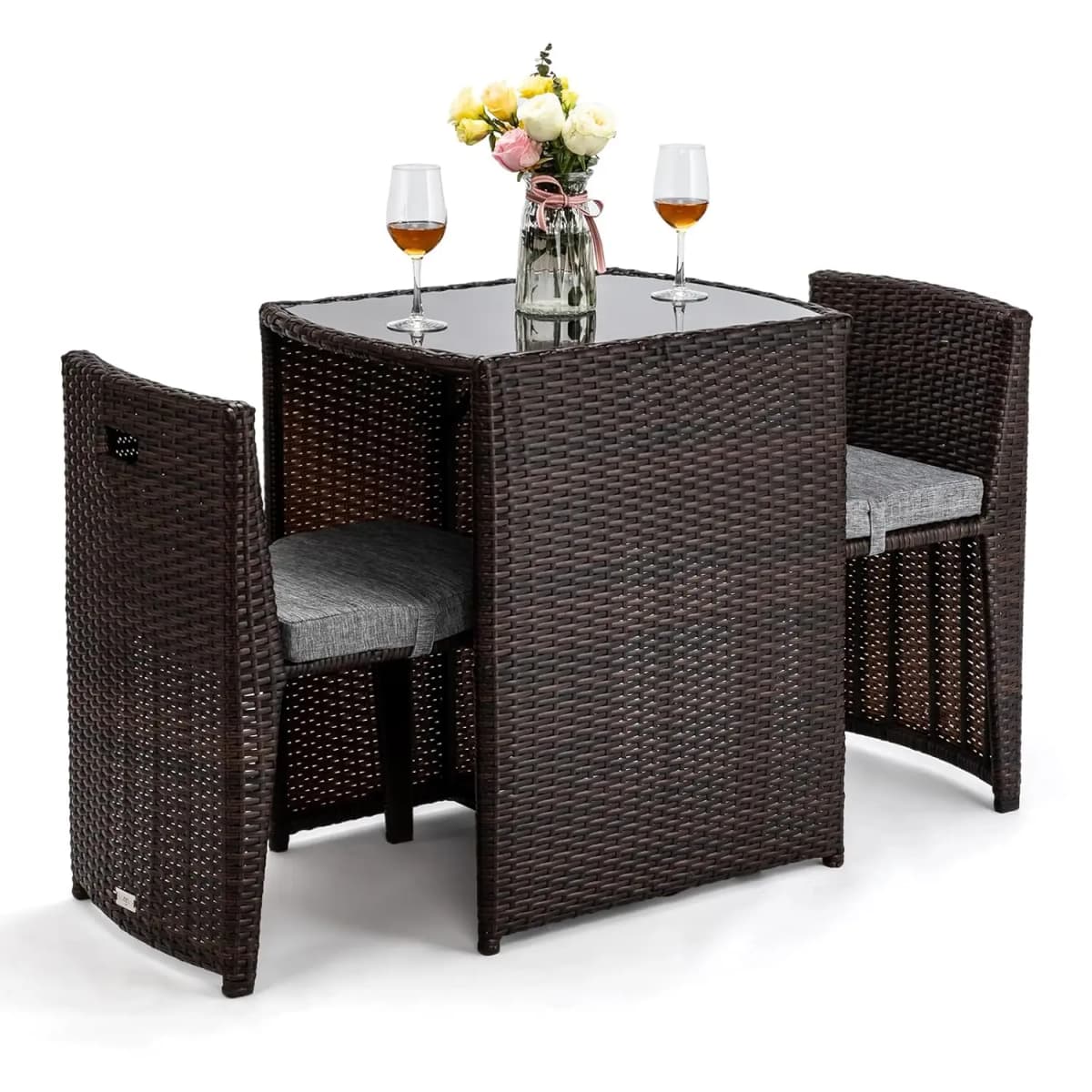 3 PCS Wicker Outdoor Patio Bistro Set, Patio Furniture Set for Small Space with Glass Top Table Dining Chairs,, Customized