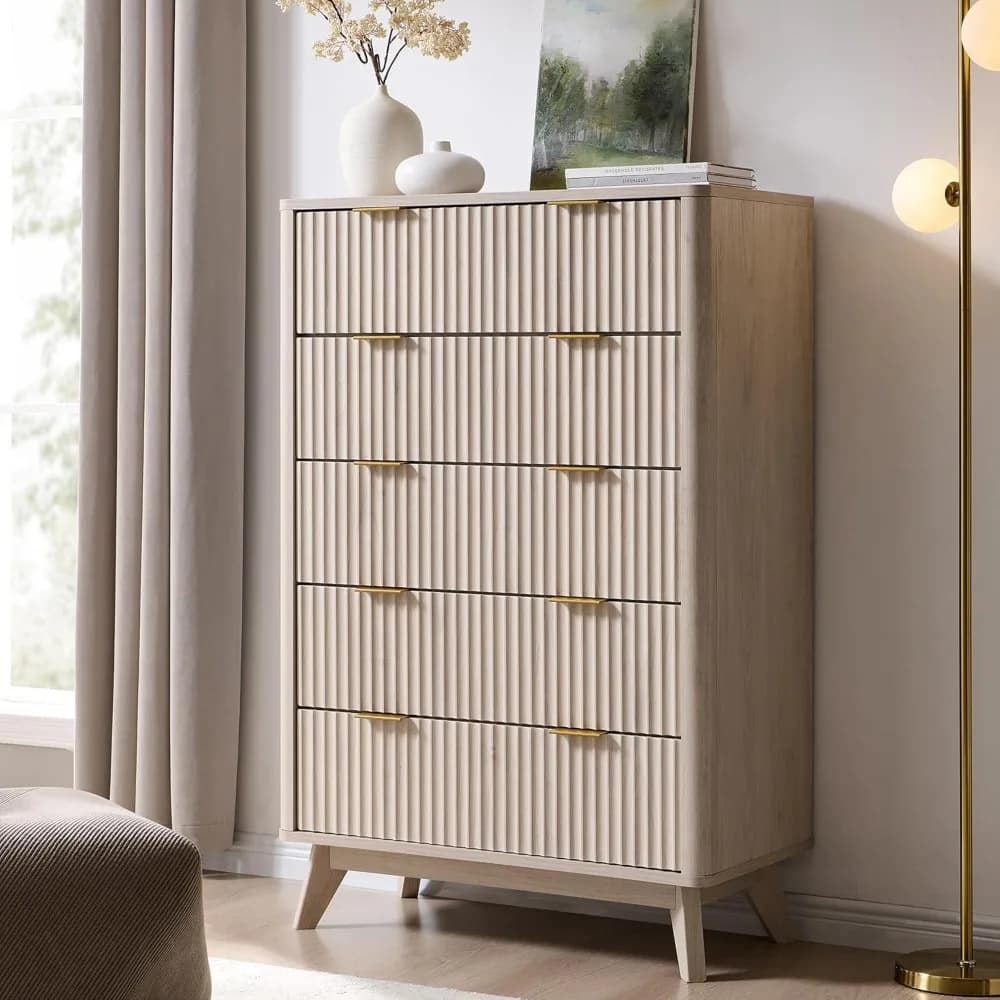 Fluted 5 Drawers Dresser, 48" Tall Modern Chest of Drawers, Curved Profile Design, Wood Drawer Organizer, Customized