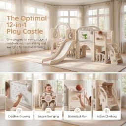 12-in-1 Toddler Playground Gym Playset | Indoor Outdoor Swing Set with Slide, Climber, Basketball Hoop & Drawing Board, in White