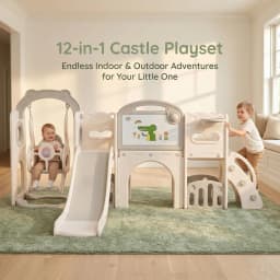 12-in-1 Toddler Playground Gym Playset | Indoor Outdoor Swing Set with Slide, Climber, Basketball Hoop & Drawing Board, in White