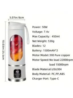 2 Colors Gorgeous Portable USB Charging Mini Blender and Juicer - 3 Modes, Digital Display, 12 Blades, 15 OZ, Easy to Clean, Sui