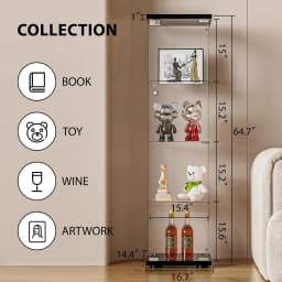 Glass Display Cabinet with Door and Lock, Quick-Install Style 4-Shelf Curio Cabinet 5mm Tempered Glass Floor Standing Bookshelf