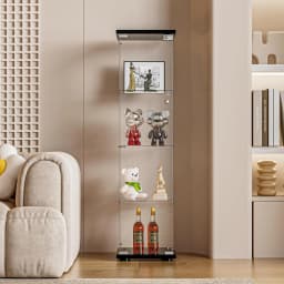 Glass Display Cabinet with Door and Lock, Quick-Install Style 4-Shelf Curio Cabinet 5mm Tempered Glass Floor Standing Bookshelf