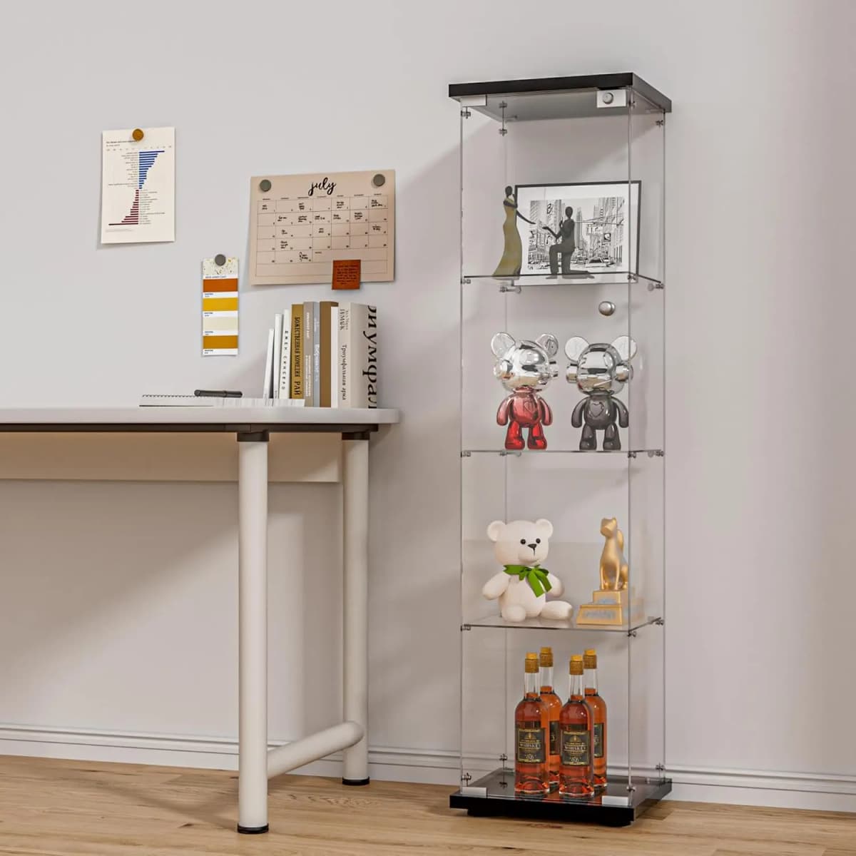 Glass Display Cabinet with Door and Lock, Quick-Install Style 4-Shelf Curio Cabinet 5mm Tempered Glass Floor Standing Bookshelf