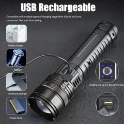 Super Bright LED Handheld Outdoor Flashlight, Adjustable Zoom, USB Rechargeable and dischargeable with Type-C Interface 1800mah