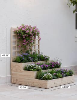 3-Tier Elevated Garden Bed with Trellis - Wooden Vertical Planter Box for Vegetables, Flowers, Herbs & Climbing Plants - Outdoor