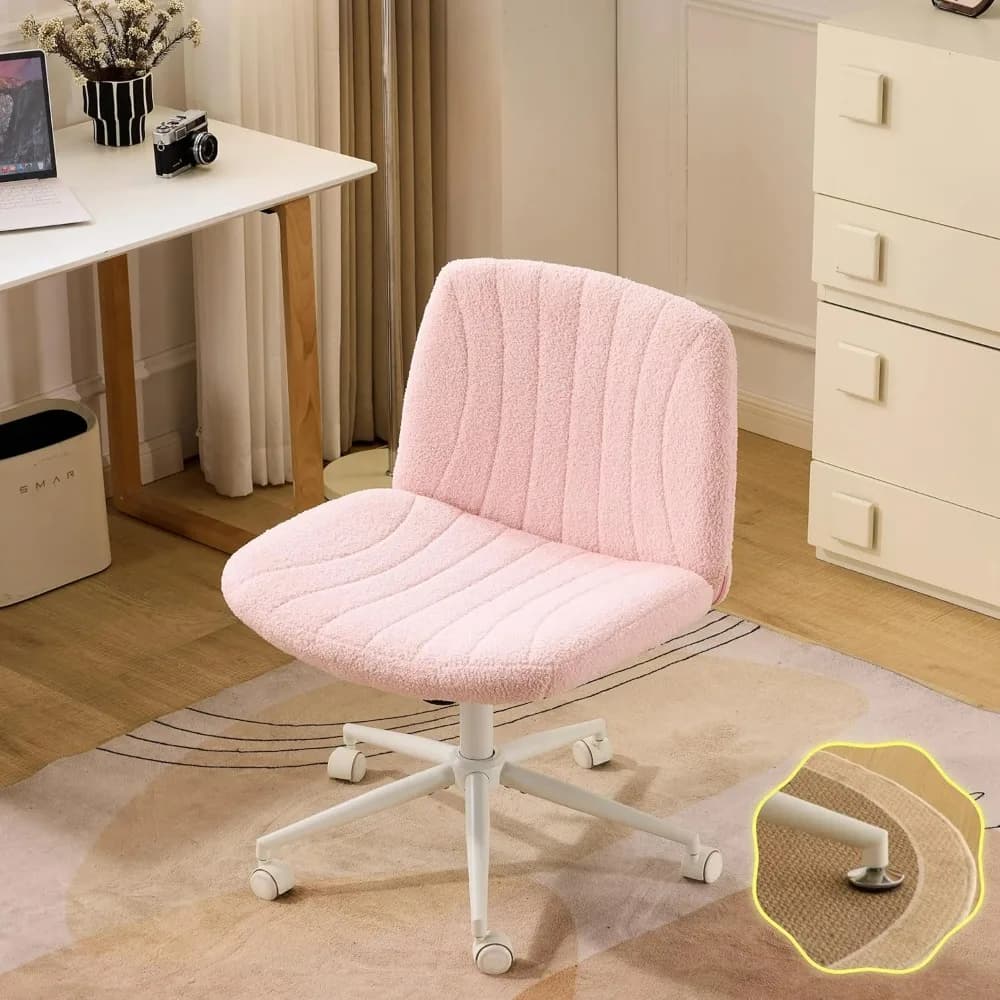 VINGLI Pink Boucle Criss Cross Chair - Dual-Use With/No Wheels Swivel Armless Wide Comfy Office Vanity Chair for Study Makeup