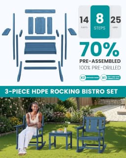 HDPE All-Weather 3pc Outdoor Rocking Chair & Side Table Set with 9ft Patio Umbrella, Blue, Customized