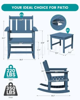 HDPE All-Weather 3pc Outdoor Rocking Chair & Side Table Set with 9ft Patio Umbrella, Blue, Customized