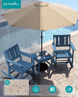 HDPE All-Weather 3pc Outdoor Rocking Chair & Side Table Set with 9ft Patio Umbrella, Blue, Customized