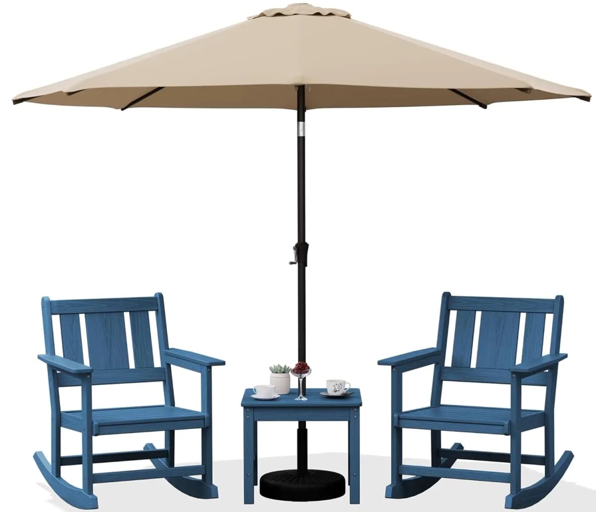 HDPE All-Weather 3pc Outdoor Rocking Chair & Side Table Set with 9ft Patio Umbrella, Blue, Customized