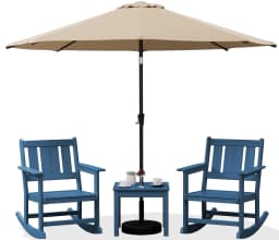 HDPE All-Weather 3pc Outdoor Rocking Chair & Side Table Set with 9ft Patio Umbrella, Blue, Customized