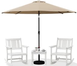 HDPE All-Weather 3pc Outdoor Rocking Chair & Side Table Set with 9ft Patio Umbrella, Blue, Customized