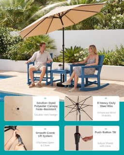 HDPE All-Weather 3pc Outdoor Rocking Chair & Side Table Set with 9ft Patio Umbrella, Blue, Customized