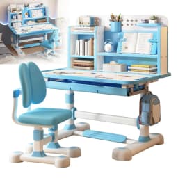 Small Desk, Kids Study Desk Chair Set, Height Adjustable Children School Study Table Chair Set with Sitting Corrector, Ergonomic