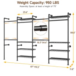 L4 Wall Mounted Industrial Pipe Clothes Rack, Closet Organizer System with Rods Expandable, Clothing Rack, Corner Garment Rack