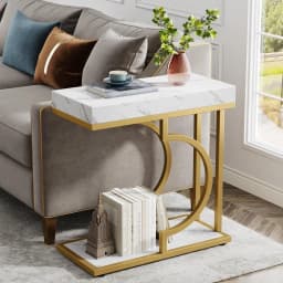 White Gold C Shaped End Table Modern Bedside Table Small Side Table for Couch, Sofa Table with Metal Frame for Living Room