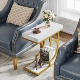 White Gold C Shaped End Table Modern Bedside Table Small Side Table for Couch, Sofa Table with Metal Frame for Living Room