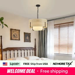 19.7''Farmhouse Boho Chandelier,4-Light Hand Woven Rattan Pendant Light with Fabric Shade Rustic Drum Chandelier for Dining Room