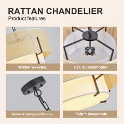 19.7''Farmhouse Boho Chandelier,4-Light Hand Woven Rattan Pendant Light with Fabric Shade Rustic Drum Chandelier for Dining Room