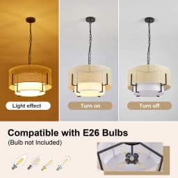 19.7''Farmhouse Boho Chandelier,4-Light Hand Woven Rattan Pendant Light with Fabric Shade Rustic Drum Chandelier for Dining Room