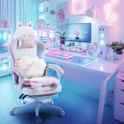 Pink Cute Gaming Chair with Cat Ears & Paw Lumbar Cushion, Ergonomic Reclining Computer Chair with Footrest, Customized