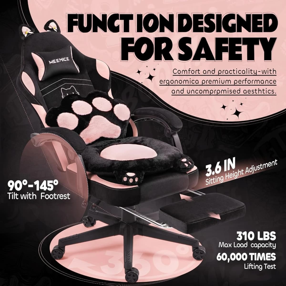 Pink Cute Gaming Chair with Cat Ears & Paw Lumbar Cushion, Ergonomic Reclining Computer Chair with Footrest, Customized