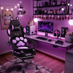 Pink Cute Gaming Chair with Cat Ears & Paw Lumbar Cushion, Ergonomic Reclining Computer Chair with Footrest, Customized