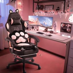 Pink Cute Gaming Chair with Cat Ears & Paw Lumbar Cushion, Ergonomic Reclining Computer Chair with Footrest, Customized