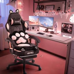 Pink Cute Gaming Chair with Cat Ears & Paw Lumbar Cushion, Ergonomic Reclining Computer Chair with Footrest, Customized