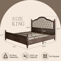 AMERLIFE King Size Solid Wood Bed Frame,Transitional Platform Bed with 52.5"Upholstered Tufted Headboard,Rubberwood/Roman Column