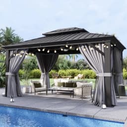 Aoxun 10x12 Gazebo Hardtop Gazebo with Double Galvanized Steel Roof Outdoor Pavilion with Breathable Netting and Privacy Curtain