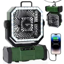 Outdoor Camping Fan 20000mAh Rechargeable Fan with LED Lantern & Remote for Fishing Travel, 4 Speeds 8H Timer, Hanging Hook